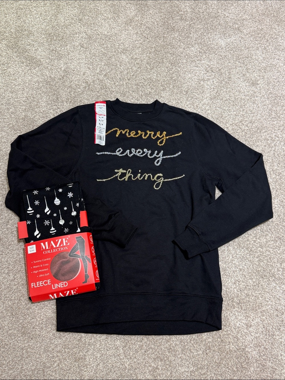 Black 'Merry Everything' Holiday Sweatshirt with leggings.
